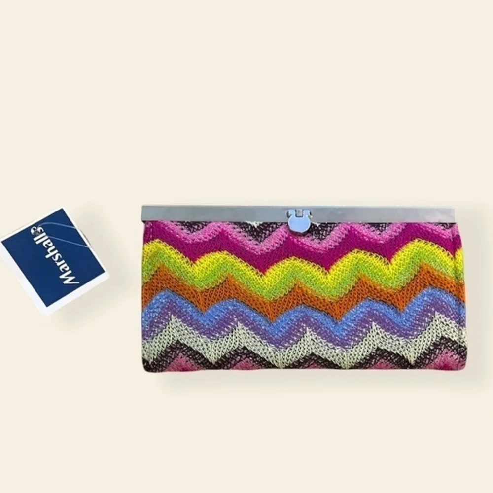 Knit Wallet w Push Lock Closure Colorful‎ Sparkly Rainbow Zig Zags Woven Pattern